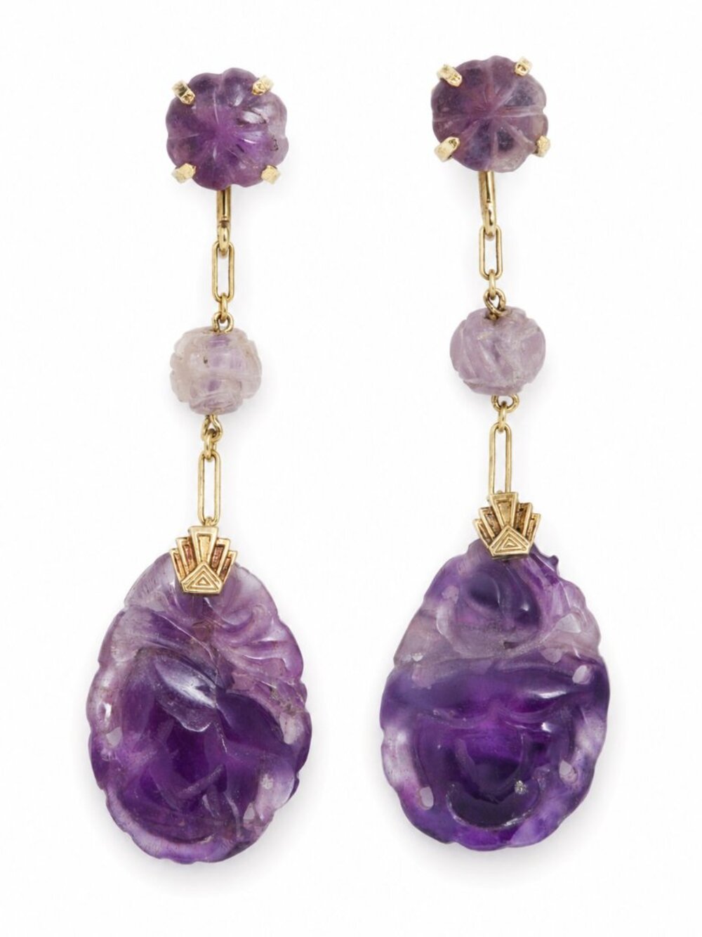 Vintage 14K Gold Carved Amethyst Dangle Screw Back Earrings Art Deco Style